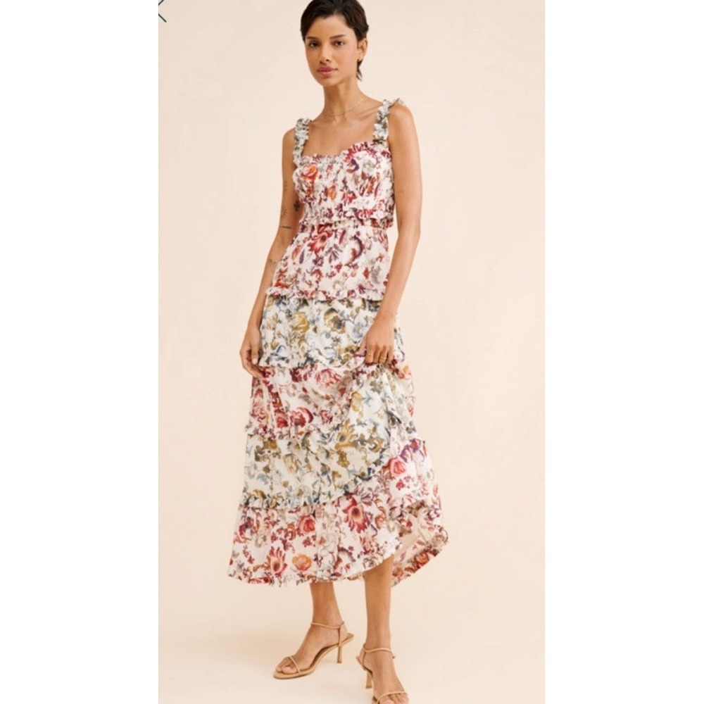 Anthropologie White Floral Tiered Maxi Dress with Red and Blue Accents